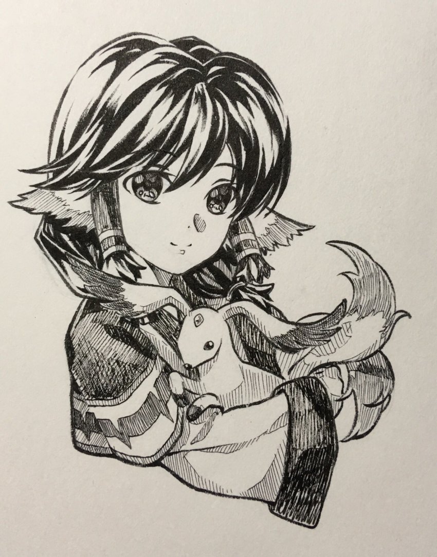 1girl ainu_clothes animal animal_ears aquaplus aruruu black_eyes black_hair breasts closed_mouth dress gachatara hair_between_eyes highres holding holding_animal layered_sleeves long_sleeves looking_at_viewer medium_hair monochrome rainycity sidelocks small_breasts smile upper_body utawarerumono