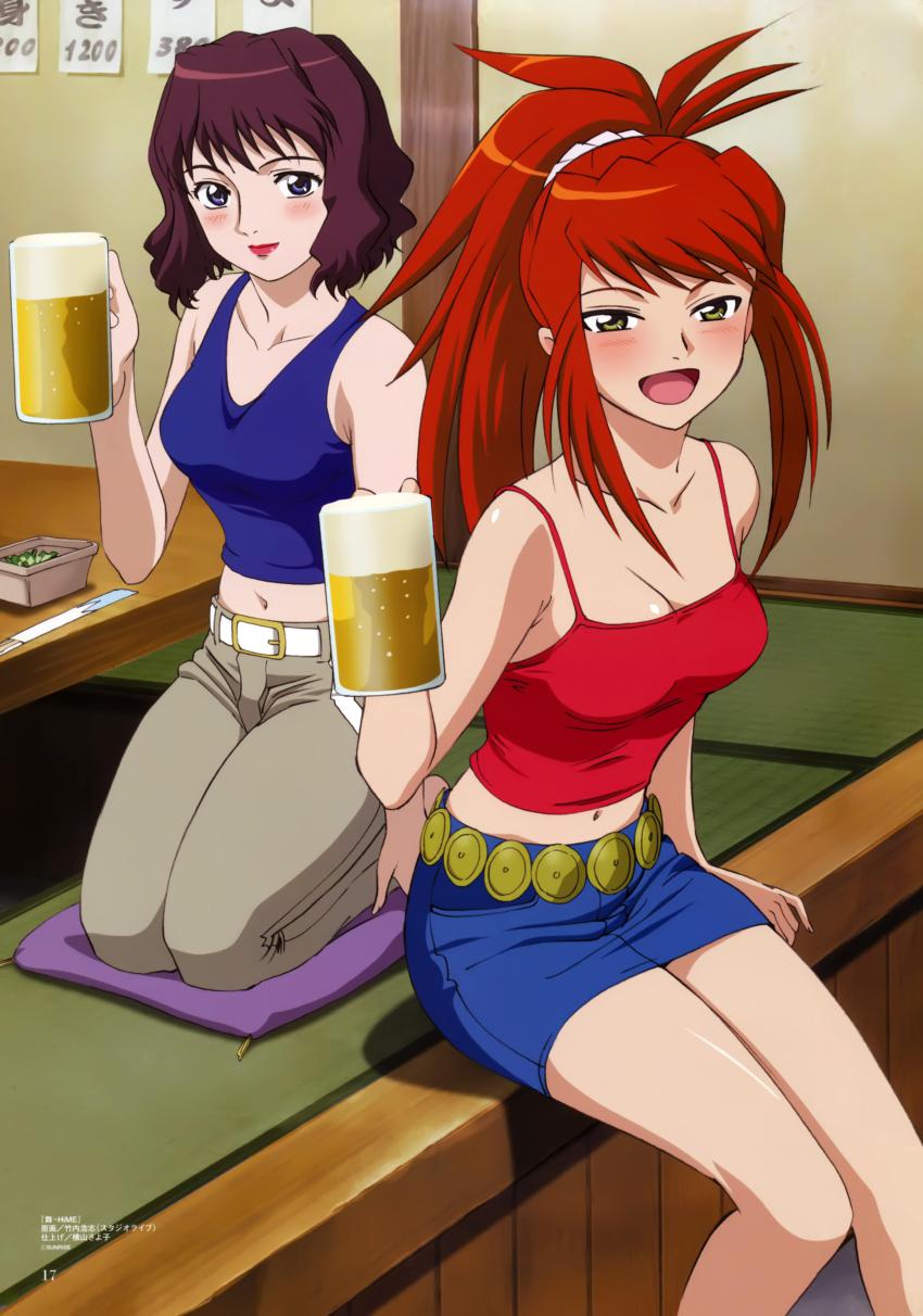 00s 2girls absurdres alcohol beer beer_mug black_hair blush crop_top cup drunk highres kneeling lipstick makeup midriff mug multiple_girls my-hime navel red_hair sagisawa_youko skirt sugiura_midori