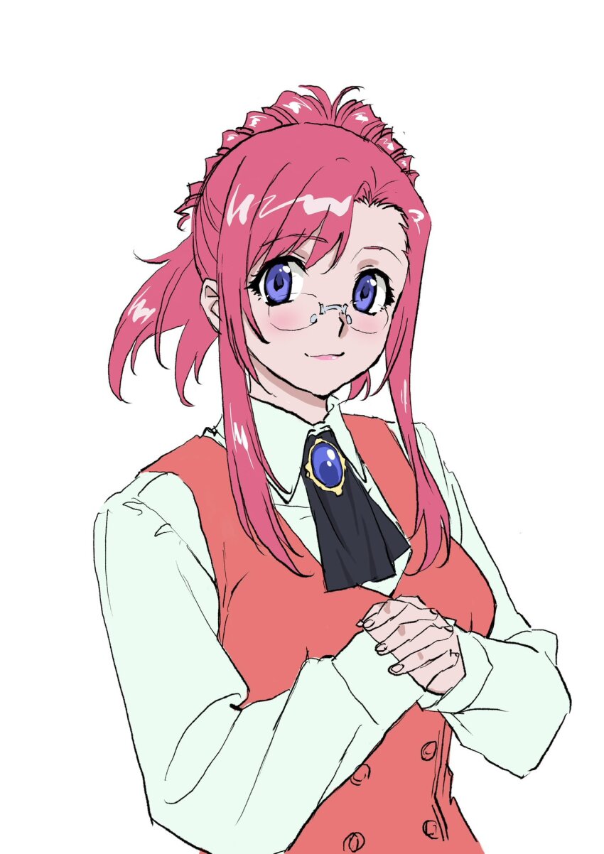 1girl ascot bikini black_ascot collared_shirt dress_shirt glasses highres jewelry kazami_mizuho long_hair onegai_teacher own_hands_clasped own_hands_together pendant purple_eyes red_hair red_vest shirt side-tie_bikini_bottom simple_background smile solo swimsuit upper_body vest warder2013 white_background white_shirt