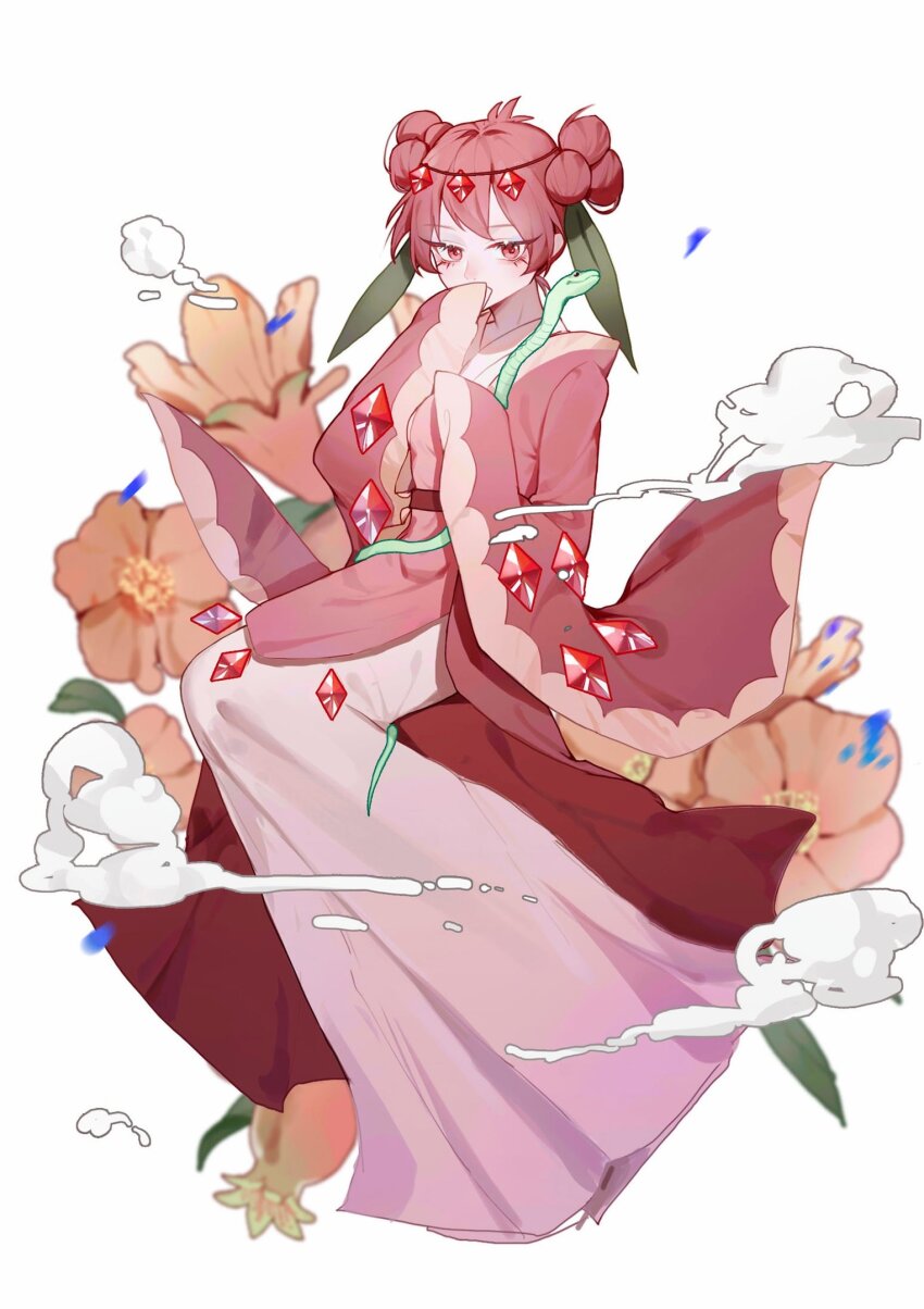 1girl antenna_hair bow cookie_run covering_own_mouth flower flower_request full_body gem hair_bow highres hiki_furisode japanese_clothes kimono leaf long_eyelashes long_sleeves looking_at_viewer multiple_hair_bows orange_flower pink_kimono pink_robe pomegranate_cookie red_eyes red_gemstone red_hair rina_(pipi58293333) robe short_hair sitting sleeves_past_wrists smoke snake solo tsurime white_background wide_sleeves
