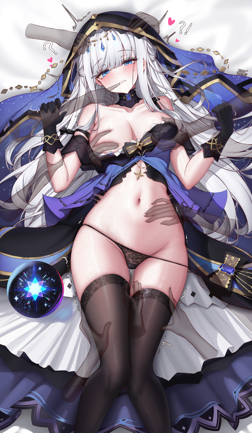 1girl absurdres adina_savic bare_shoulders black_gloves black_panties black_survival black_thighhighs black_veil blue_dress blue_eyes blue_veil blush breasts cleavage clenched_teeth commission disembodied_hand dress eternal_return:_black_survival fingering fingering_through_clothes gloves groping hand_on_another&#039;s_stomach hand_on_another&#039;s_thigh hands_up heart highres lilac_(k32420276) long_hair looking_at_viewer lying medium_breasts navel no_bra nose_blush on_back orb panties panty_pull pixiv_commission pussy_juice skindentation solo spaghetti_strap stomach string_panties teeth thighhighs thighs through_clothes underwear veil very_long_hair white_hair