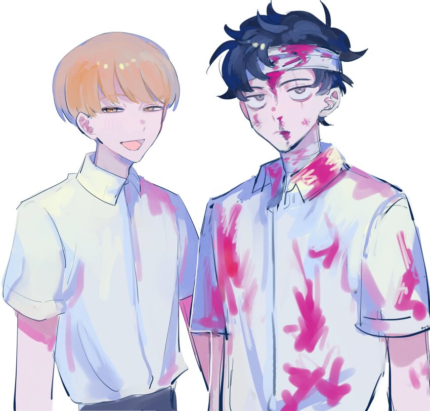 2boys :d bandaged_head bandaged_neck bandages black_hair blood blood_on_clothes blood_on_face blush c_sloani closed_mouth collared_shirt commentary dress_shirt frown futsuu_no_keion-bu grey_eyes half-closed_eyes highres male_focus mizuo_haruichi multiple_boys open_mouth orange_eyes orange_hair pants sanpaku scar scar_across_eye scar_on_face school_uniform shirt shirt_tucked_in short_hair short_sleeves side-by-side simple_background smile smug takami_kouki upper_body wavy_hair white_background white_shirt wing_collar