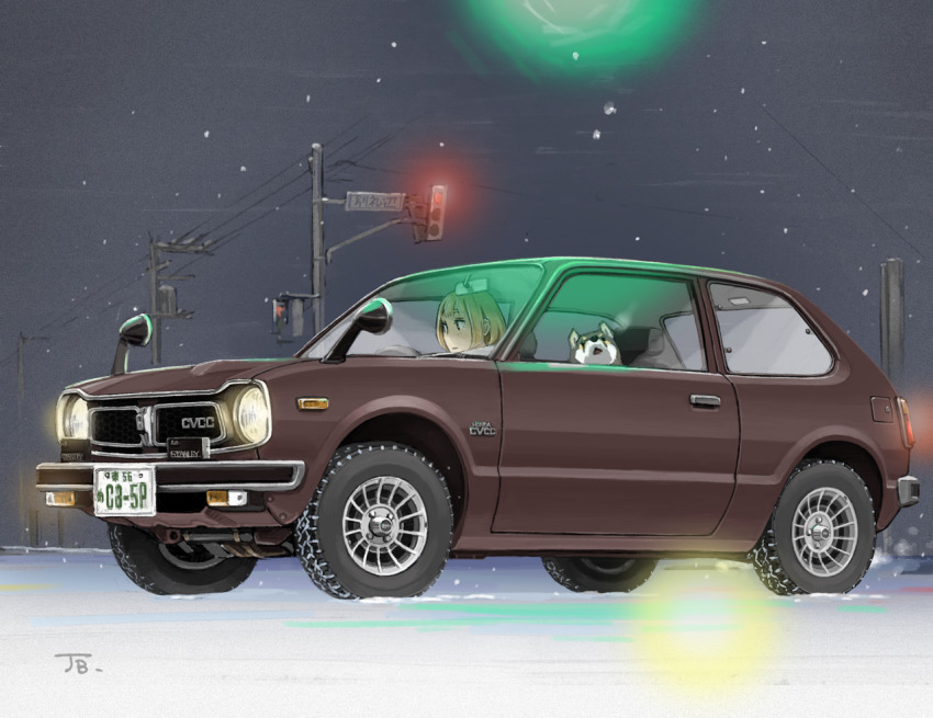 1girl blonde_hair brown_car car commentary_request dog driving honda honda_civic jettoburikku license_plate motor_vehicle original power_lines shiba_inu short_hair snow snowing traffic_light utility_pole vehicle_focus winter