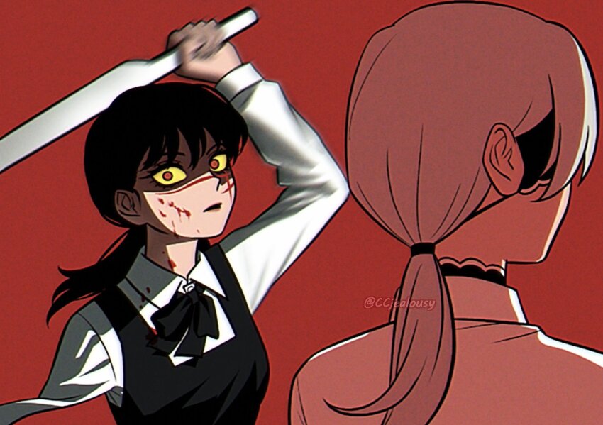 2girls amputee black_hair blood blood_on_face breasts chainsaw_man chromatic_aberration colored_sclera commentary cross_scar czy_(2894456992) eyepatch facial_scar film_grain fourth_east_high_school_uniform grey_hair holding holding_sword holding_weapon medium_breasts missing_limb motion_blur multiple_girls ponytail quanxi_(chainsaw_man) red_background red_eyes scar scar_on_cheek scar_on_face scar_on_nose school_uniform sword twitter_username weapon yellow_sclera yoru_(chainsaw_man)
