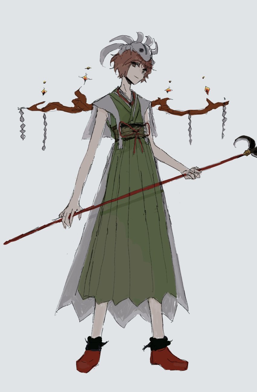 1other androgynous azuma_kaisen azuma_kaisen_(frog) brown_eyes brown_hair coat hakama hakama_skirt highres holding holding_weapon jacket jacket_on_shoulders japanese_clothes kesa_kujiru kesa_kujiru_(slug) len&#039;en ogata_garaiya one-hour_drawing_challenge polearm short_hair skirt smile solo weapon