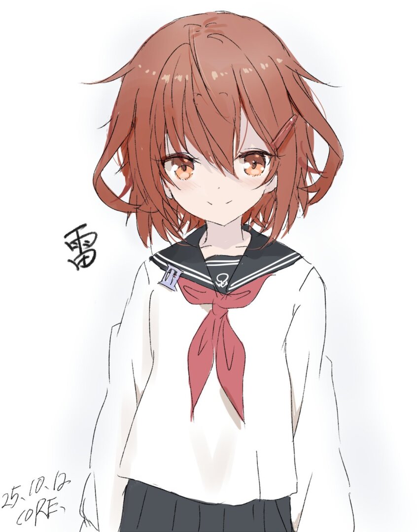 1girl artist_name black_sailor_collar black_skirt brown_eyes brown_hair character_name commentary_request core_(mayomayo) dated highres ikazuchi_(kancolle) kantai_collection looking_at_viewer neckerchief pleated_skirt red_neckerchief sailor_collar sailor_shirt school_uniform serafuku shirt short_hair simple_background skirt solo upper_body white_background white_shirt