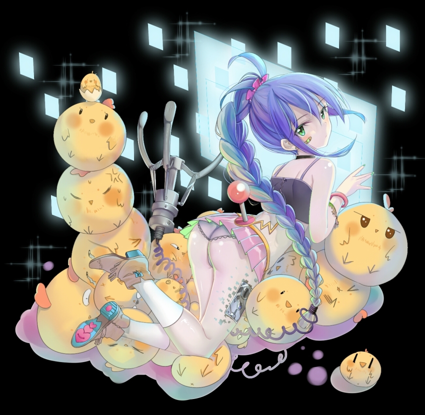 1girl aqua_nails bandaid bandaid_on_face bird blue_hair blush bracelet braid chick chicken choker coin_slot controller crop_top earrings female_focus green_eyes highres jewelry joystick kneehighs long_hair looking_at_viewer looking_back lying mechanical_hands microskirt nail_polish on_stomach original panties pleated_skirt screen scrunchie single_braid single_mechanical_hand skirt slot_machine socks solo spring_(object) too_many too_many_birds too_many_chicks underwear very_long_hair xian_(pixiv11964491)
