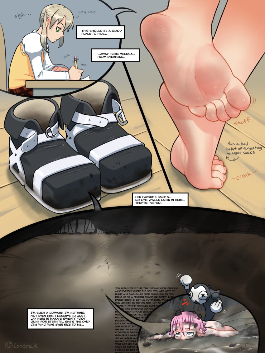 1girl absurdres artist_name barefoot crona_(soul_eater) crossed_legs dirt dirty dirty_face dirty_feet dirty_footwear feet foot_focus footprints giant giantess green_eyes highres long_sleeves loodrick maka_albarn nude pink_hair shoes size_difference smell soul_eater toenails unworn_shoes