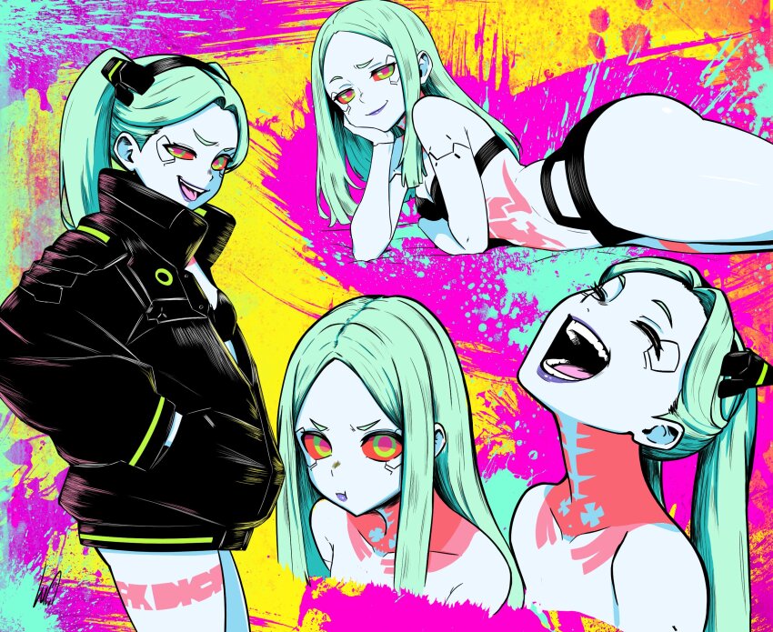 1girl :t artificial_eye ass black_bra black_jacket black_panties bra breasts closed_eyes closed_mouth colored_sclera colored_skin colorful_background commentary cowboy_shot cropped_torso cyberpunk_(series) cyberpunk_edgerunners elbow_rest english_commentary from_side green_hair hair_down hand_in_pocket hand_on_own_cheek hand_on_own_face head_rest highres huge_ass jacket laughing leg_tattoo lipstick long_hair looking_at_viewer lughost lying makeup multiple_views neck_tattoo on_stomach open_mouth panties parted_hair pink_tattoo pout purple_lips raised_eyebrow rebecca_(cyberpunk) red_pupils red_sclera samurai_jacket_(cyberpunk) short_eyebrows small_breasts smile standing stomach_tattoo tattoo thick_thighs thighs tongue tongue_out twintails underwear underwear_only uneven_eyes white_skin
