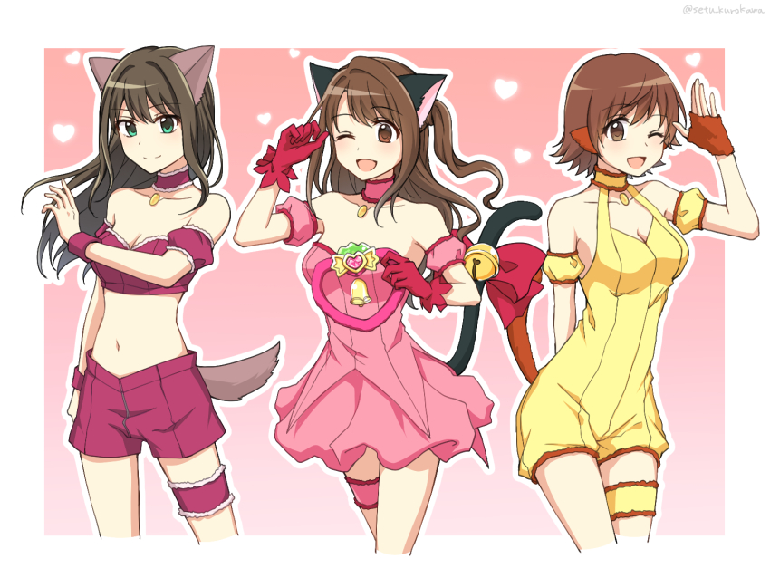 3girls ;d animal_ears arm_strap bare_legs bell border bow breasts frilled_thigh_strap brown_eyes brown_hair cat_ears cat_girl cat_tail choker cleavage closed_mouth collarbone cosplay cowboy_shot crop_top dog_ears dog_tail fingerless_gloves floating_hair fong_pudding fujiwara_zakuro gloves green_eyes hair_intakes hand_warmer heart highres honda_mio idolmaster idolmaster_cinderella_girls jumpsuit long_hair medium_breasts mew_ichigo mew_pudding mew_zakuro midriff miniskirt momomiya_ichigo multiple_girls navel new_generations_(idolmaster) one_eye_closed open_mouth outline outside_border pink_background pink_choker pink_skirt red_bow red_choker red_gloves red_shorts setu_kurokawa shibuya_rin shimamura_uzuki short_hair short_jumpsuit short_shorts shorts skirt sleeveless smile standing stomach strapless tail tail_bell tail_bow tail_ornament thigh_strap tokyo_mew_mew twitter_username white_border wristband yellow_choker yellow_jumpsuit