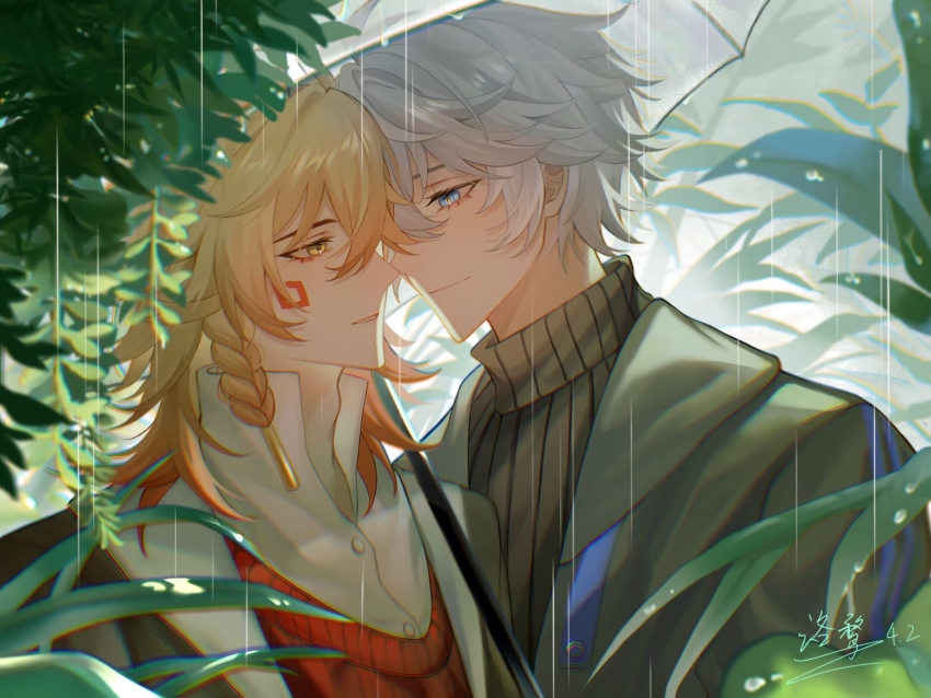 2boys alternate_costume black_coat black_sweater blonde_hair blue_eyes braid chinese_commentary coat commentary_request gradient_hair hair_between_eyes high_collar highres holding holding_umbrella honkai:_star_rail honkai_(series) looking_at_another luowu05578 male_focus medium_hair multicolored_hair multiple_boys mydei_(honkai:_star_rail) phainon_(honkai:_star_rail) rain red_hair red_vest shirt short_hair side_braid sweater transparent transparent_umbrella turtleneck turtleneck_sweater umbrella vest white_hair white_shirt yaoi yellow_eyes