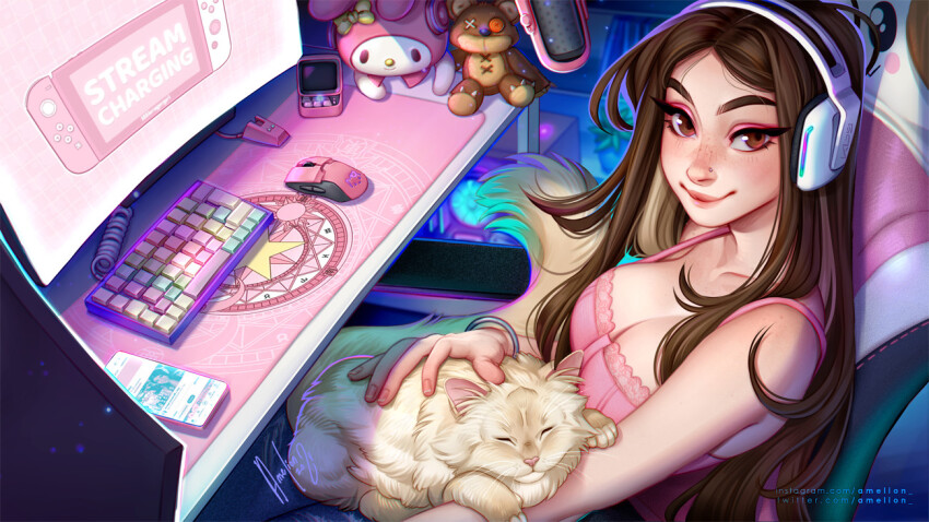 1girl amelion animal animal_on_lap bra bracelet breasts brown_eyes brown_hair cat cellphone chair cleavage closed_mouth collarbone commentary commission computer_keyboard desk desk_microphone eyeshadow facing_to_the_side gaming_chair instagram_username jewelry livestream long_hair looking_at_viewer makeup medium_breasts monitor multiple_monitors nintendo_switch nose_piercing on_lap original petting phone piercing pink_bra pink_eyeshadow signature smartphone smile solo stuffed_animal stuffed_toy swivel_chair teddy_bear twitter_username underwear upper_body white_cat white_headphones wireless_mouse