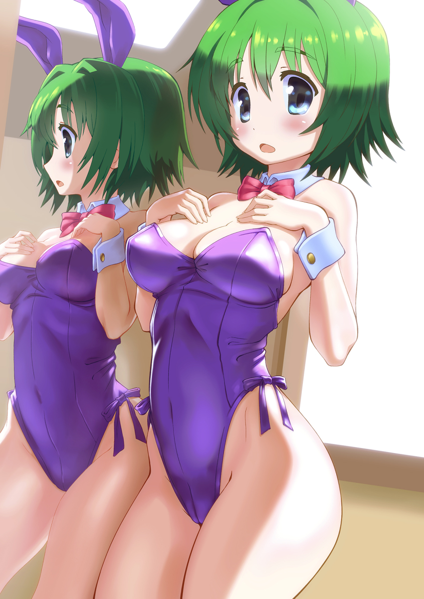 00s 1girl animal_ears bare_shoulders blue_eyes bow bowtie breasts comic_party detached_collar eyebrows fake_animal_ears female_focus green_hair hands_on_own_chest highres leotard minawa_(hemo) mirror ooba_eimi pantyhose playboy_bunny rabbit_ears rabbit_tail reflection revision short_hair solo standing tail wrist_cuffs