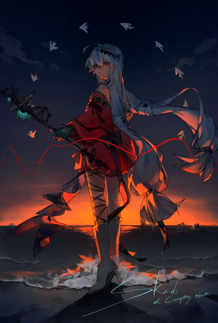 1girl 52043912 absurdres angelfish aqua_gloves arknights bare_shoulders beach boots bow character_name cloud crab detached_sleeves dress fish from_behind full_body gloves hair_between_eyes hair_ornament high_heel_boots high_heels highres holding holding_staff horizon leg_ribbon long_hair long_sleeves looking_at_viewer looking_back low-tied_long_hair ocean off-shoulder_dress off_shoulder official_alternate_costume parted_lips red_dress red_eyes red_sleeves ribbon shadow signature skadi_(arknights) skadi_the_corrupting_heart_(arknights) solo staff standing star_(sky) sunset tropical_fish twilight very_long_hair wading waves white_hair
