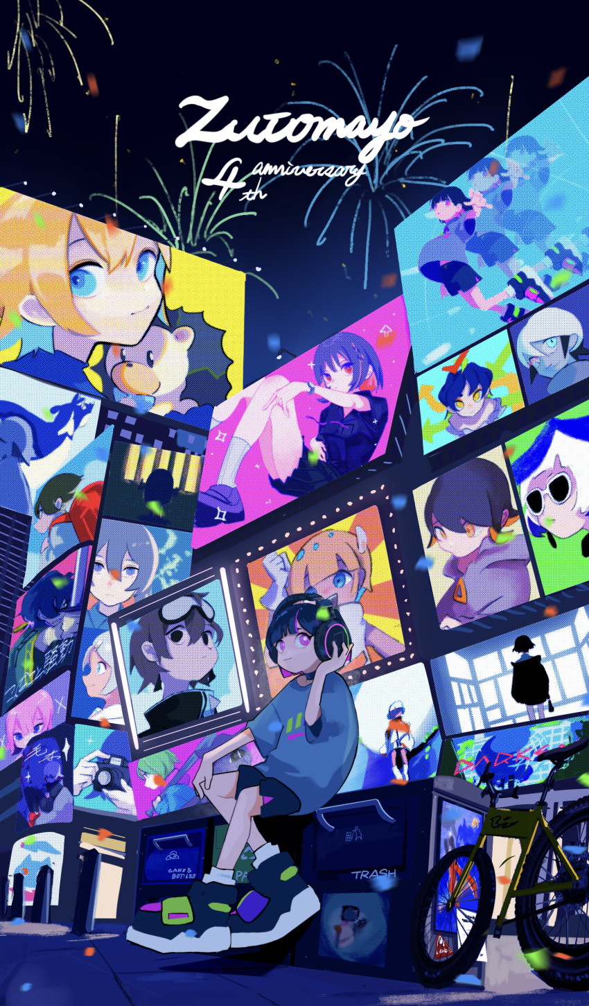 1girl absurdres aitsura_zenin_dousoukai_(zutomayo) baka_janai_noni_(zutomayo) bicycle black_choker black_footwear black_hair black_headphones black_shorts byoushin_wo_kamu_(zutomayo) choker colored_inner_hair copyright_name dear._mr_f_(zutomayo) english_text fastening_(zutomayo) fireworks franken_(zutomayo) grey_shirt ham_(zutomayo) hand_on_own_knee haze_haseru_haterumade_(zutomayo) headphones highres humanoid_(zutomayo) kangurei_(zutomayo) kannsaete_kuyasiiwa_(zutomayo) kettobashita_moufu_(zutomayo) konnakoto_soudou_(zutomayo) kuraku_kuroku_(zutomayo) looking_up mabushii_dna_dake_(zutomayo) milabo_(zutomayo) mirror_tune_(zutomayo) multicolored_hair multiple_girls mune_no_kemuri_(zutomayo) neko_reset_(zutomayo) night night_sky nira-chan nira-chan_(aitsura_zenin_dousoukai)_(zutomayo) nira-chan_(baka_janai_noni)_(zutomayo) nira-chan_(byoushin_wo_kamu)_(zutomayo) nira-chan_(ham)_(zutomayo) nira-chan_(haze_haseru_haterumade)_(zutomayo) nira-chan_(humanoid)_(zutomayo) nira-chan_(journalist)_(neko_reset)_(zutomayo) nira-chan_(kangurei)_(zutomayo) nira-chan_(kannsaete_kuyasiiwa)_(zutomayo) nira-chan_(kettobashita_moufu)_(zutomayo) nira-chan_(konnakoto_soudou)_(zutomayo) nira-chan_(mabushii_dna_dake)_(zutomayo) nira-chan_(milabo)_(zutomayo) nira-chan_(mirror_tune)_(zutomayo) nira-chan_(mune_no_kemuri)_(zutomayo) nira-chan_(nouriueno_cracker)_(zutomayo) nira-chan_(obenkyou_shitoiteyo)_(zutomayo) nira-chan_(quilt)_(zutomayo) nira-chan_(seigi)_(zutomayo) nira-chan_(tadashiku_narenai)_(zutomayo) nouriueno_cracker_(zutomayo) obenkyou_shitoiteyo purple_eyes purple_hair quilt_(zutomayo) robota_(zutomayo) ryoku134 seigi_(zutomayo) shirt shoes shorts sitting sky smile socks solo_focus streaked_hair tadashiku_narenai_(zutomayo) teiketsu_(fastening)_(zutomayo) teiketsu_(zutomayo) uniguri_(zutomayo) white_socks zutto_mayonaka_de_ii_no_ni