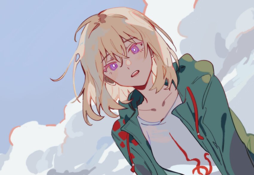 1girl absurdres akmizuk bang_dream! bang_dream!_it&#039;s_mygo!!!!! blonde_hair blush cloud commentary cosplay danganronpa_(series) danganronpa_2:_goodbye_despair derivative_work english_commentary green_jacket hair_between_eyes highres jacket komaeda_nagito komaeda_nagito_(cosplay) looking_at_viewer medium_hair misumi_uika open_clothes open_jacket open_mouth parody purple_eyes screenshot_redraw solo teeth upper_teeth_only