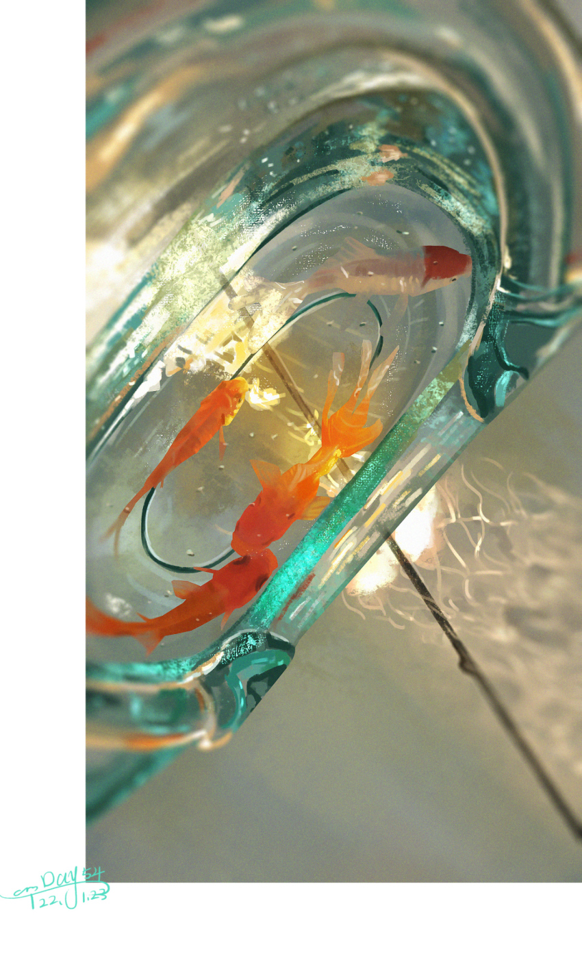 animal_focus border chinese_commentary commentary_request dated fish from_above glass glass_table goldfish highres no_humans original sanshui_guantang signature table water white_border