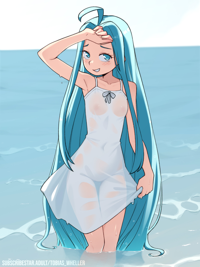 1girl absurdly_long_hair absurdres ahoge bare_shoulders blue_eyes blue_hair blue_theme blush breasts clothes_lift collarbone commentary covered_groin covered_navel day dress dress_lift dress_ribbon english_commentary feet_out_of_frame granblue_fantasy groin hair_intakes hand_on_own_face highres lifting_own_clothes long_hair lyria_(granblue_fantasy) nipples no_panties outdoors petite see-through_clothes see-through_dress see-through_silhouette short_dress sky sleeveless sleeveless_dress small_breasts smile solo spaghetti_strap standing subscribestar_username tobias_wheller very_long_hair water wet wet_clothes wet_dress white_dress