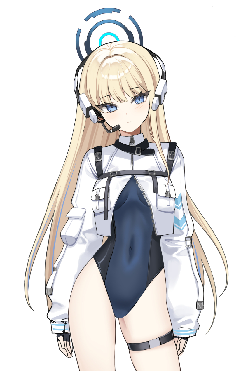 1girl absurdres belt blonde_hair blue_archive blue_eyes breasts ddungddang fingerless_gloves gloves halo headset highleg highres jacket leg_belt long_hair medium_breasts simple_background swimsuit toki_(abi-eshuh)_(blue_archive) toki_(blue_archive) white_background white_jacket