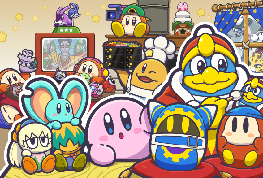 animal_ears apron artist_request backwards_hat bandana_waddle_dee baseball_cap beanie bun_(kirby) camera character_doll chef_hat chinese_zodiac clawroline colored_skin customer_service_(kirby) egg elfilin escargon food fumu_(kirby) gorimondo hat headphones highres king_dedede kirby kirby&#039;s_dream_buffet kirby:_right_back_at_ya kirby_(series) kirby_and_the_forgotten_land kotatsu magolor meta_knight new_year nintendo no_humans official_art open_mouth paintbrush pillow pink_skin rabbit_ears sillydillo sitting smile solid_oval_eyes star_(symbol) susie_(kirby) table taranza television under_kotatsu under_table waddle_dee waddle_doo window year_of_the_rabbit