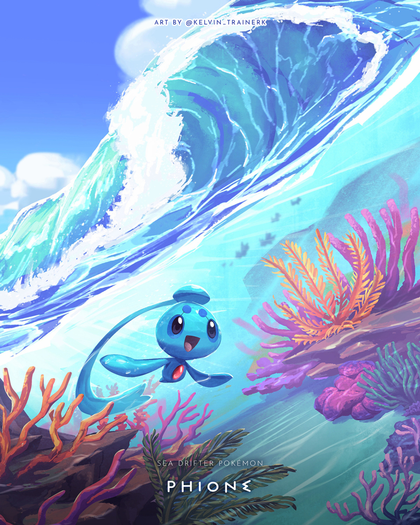 :d character_name cloud commentary copyright_name coral day gen_4_pokemon happy highres kelvin-trainerk looking_up mythical_pokemon nintendo open_mouth outdoors partially_underwater_shot phione pokemon sky smile tongue twitter_username water waves
