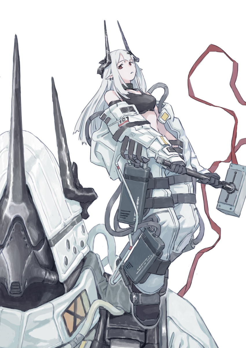 1girl absurdres arknights bare_shoulders black_footwear black_gloves black_horns black_sports_bra breasts chenrong96 earrings full_body gloves grey_hair hammer highres holding holding_weapon horns jewelry long_hair long_sleeves looking_at_viewer mudrock_(arknights) mudrock_(elite_ii)_(arknights) multiple_views pointy_ears red_eyes simple_background sports_bra weapon white_background