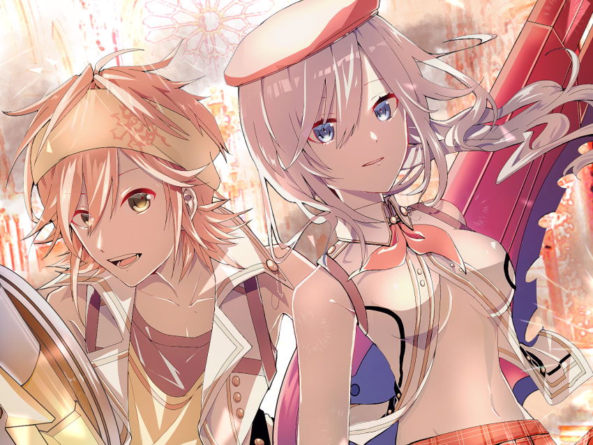 1boy 1girl :d alisa_ilinichina_amiella bandana bare_shoulders beret blue_eyes breasts collared_shirt commentary_request cowboy_shot fujiki_kouta god_eater god_eater_2:_rage_burst grey_hair gun hair_between_eyes hat highres holding holding_gun holding_sword holding_weapon huge_weapon ichijou_kyouya long_hair looking_at_viewer medium_breasts navel neckerchief open_clothes open_mouth open_shirt orange_hair parted_lips partial_commentary partially_unbuttoned plaid_clothes plaid_skirt red_headwear red_neckerchief red_skirt shirt short_hair sidelocks skirt sleeveless sleeveless_shirt smile standing stomach sword teeth textless_version underboob weapon white_shirt yellow_bandana yellow_eyes yellow_shirt