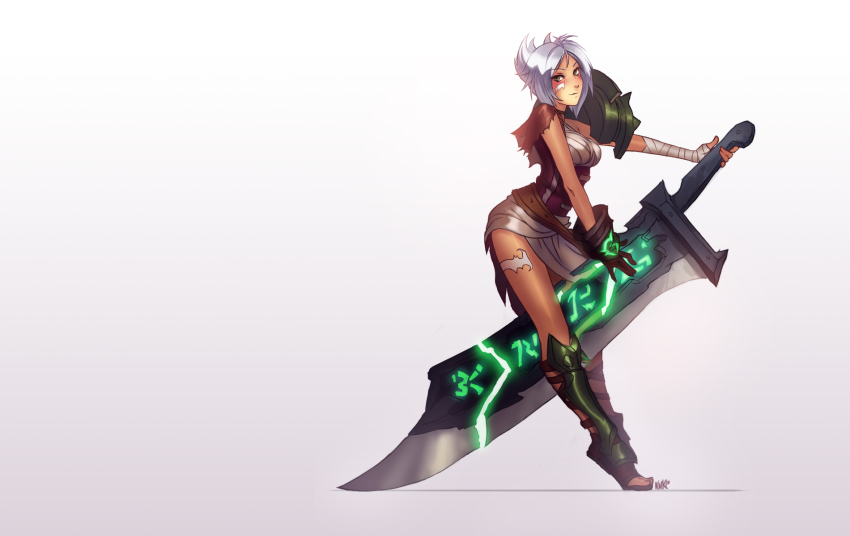 1girl bandages belt blush boots breasts female_focus gauntlets gloves highres huge_weapon kienan_lafferty league_of_legends medium_breasts riven_(league_of_legends) sarashi scar short_hair shoulder_pads solo sword toes weapon white_hair