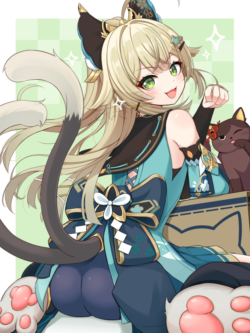 1girl :d ahoge animal_hands bare_shoulders bike_shorts blonde_hair blush bow box cardboard_box cat cat_girl cat_paws cat_tail detached_sleeves double-parted_bangs feet_out_of_frame genshin_impact green_eyes hair_bow hair_ornament hairclip head_tilt high_ponytail highres kirara_(genshin_impact) leg_warmers long_hair looking_at_viewer looking_back multiple_tails nekomata on_ground one_eye_closed open_mouth paw_pose ponytail qixi_cui_xing sidelocks skirt slit_pupils smile sparkle tail two_tails