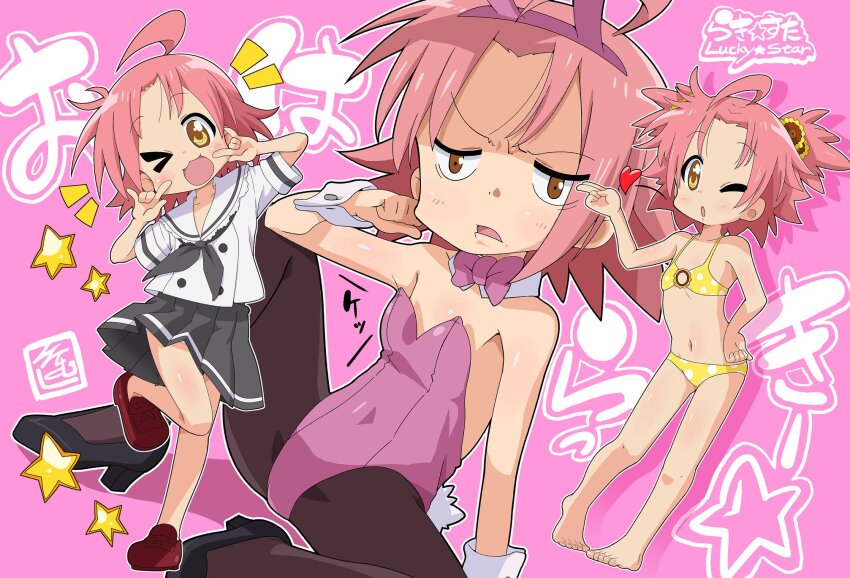 &gt;_o 1girl :3 :d ;o ahoge animal_ears bare_shoulders black_footwear black_leotard black_necktie black_skirt blowing_kiss blush bow bowtie brown_eyes buttons collared_shirt detached_collar fake_animal_ears fake_tail flat_chest full_body grimace heart high_heels highres ki_(adotadot) kogami_akira leotard looking_at_viewer lucky_star multiple_views navel necktie one_eye_closed open_mouth outline panties panty_peek pantyhose pantyshot pink_background pink_hair pink_leotard playboy_bunny rabbit_ears rabbit_tail school_uniform serafuku shirt shoes short_hair short_sleeves sitting skirt smile spread_legs star_(symbol) strapless strapless_leotard swimsuit tail underwear underwear_peek white_outline white_panties wrist_cuffs