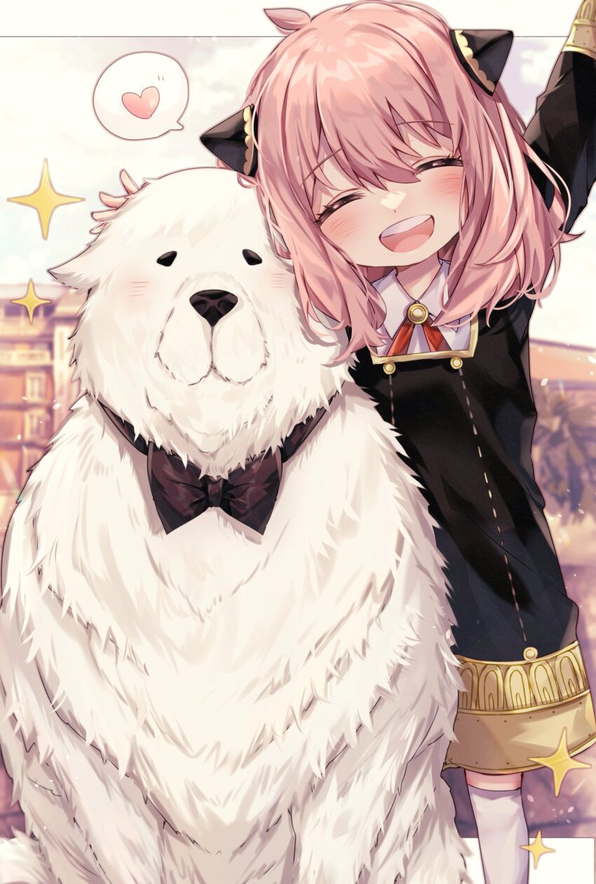 1girl :d animal animal_hug anya_(spy_x_family) arm_under_breasts black_dress blush bond_(spy_x_family) closed_eyes collared_shirt commentary_request cone_hair_bun dog dress eden_academy_school_uniform feet_out_of_frame gold_trim hair_bun hairpods heart highres long_sidelocks medium_dress open_mouth over-kneehighs pink_hair school_uniform shirt sidelocks smile sorashima_(117) spoken_heart spy_x_family thighhighs white_shirt white_thighhighs