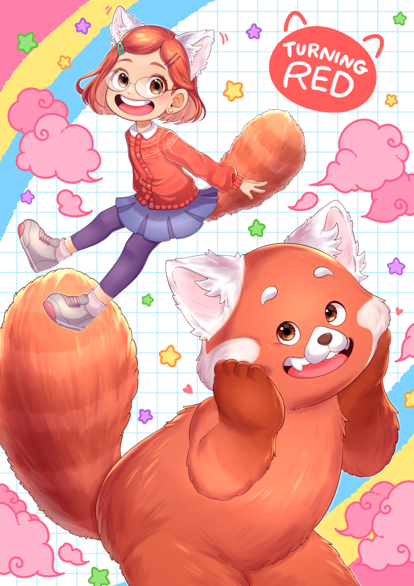 1girl absurdres animification braces brown_eyes dual_persona earrings glasses highres jewelry looking_at_viewer meilin_lee open_mouth panda_tail rainbow red_hair red_panda shirt smile solo turning_red user_kenc3232