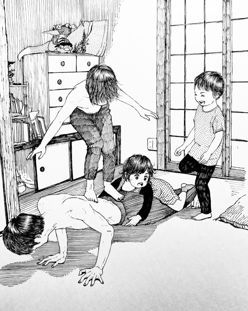 2boys 2girls barefoot chest_of_drawers child exercising father_and_daughter father_and_son feet floor greyscale hatching_(texture) highres indoors linear_hatching monochrome multiple_boys multiple_girls nashika_t open_mouth original pants push-ups shadow shirt short_sleeves socks standing_on_person topless_male