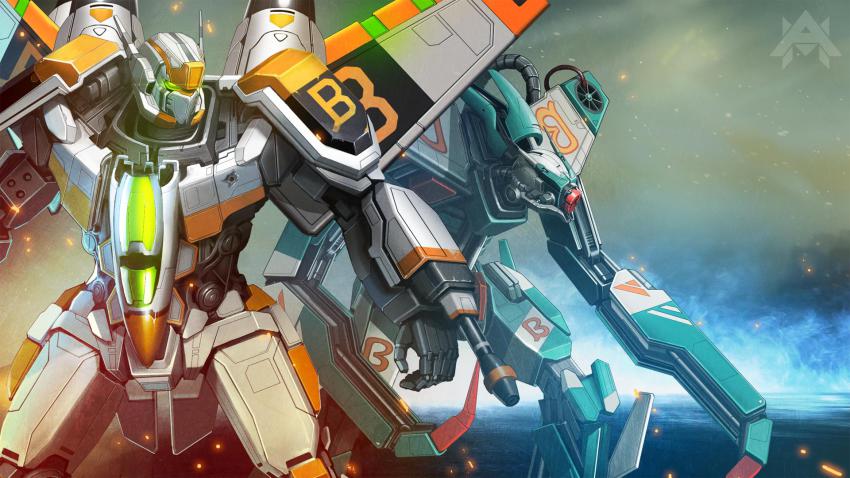 aircraft airmech airplane armor artist_request cowboy_shot glowing glowing_eyes green_eyes highres jet logo machinery mecha no_humans official_art robot watermark