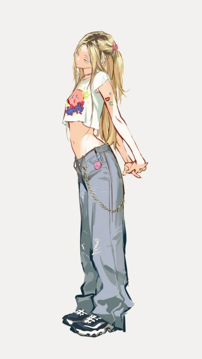 1girl artist_request black_hair blonde_hair chain highres midriff navel shoes tagme