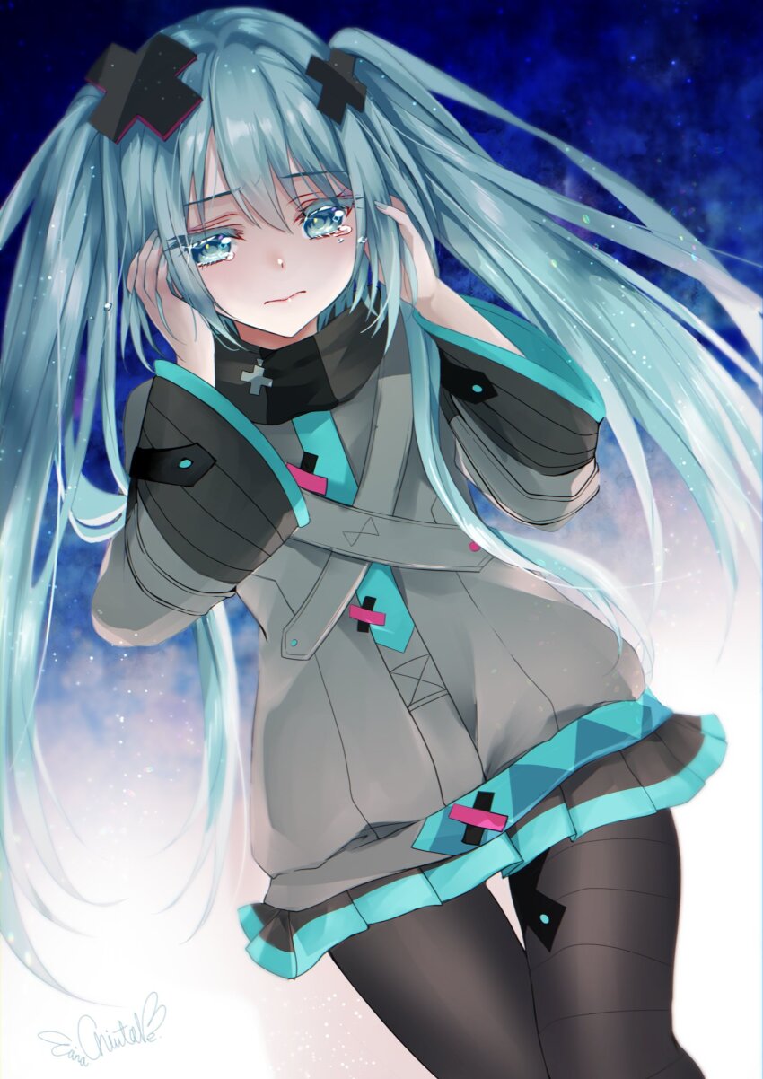 1girl aqua_eyes aqua_hair aqua_nails bandaid bandaid_on_leg batsu_miku black_pantyhose black_skirt blush chiutake_mina closed_mouth crying crying_with_eyes_open grey_jacket hair_ornament hatsune_miku highres jacket kowareta_sekai_to_utaenai_miku long_hair long_sleeves miniskirt pantyhose pleated_skirt project_sekai skirt solo tears turtleneck turtleneck_jacket twintails very_long_hair vocaloid wide_sleeves x_hair_ornament
