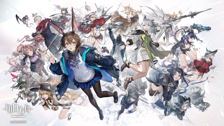 1boy 1other 6+girls amiya_(arknights) animal_ear_fluff animal_ears antennae aqua_eyes arknights arm_up armor armored_boots ascot bandana bare_shoulders baseball_cap belt black-framed_eyewear black_bandana black_belt black_bow black_cape black_choker black_dress black_footwear black_gloves black_hair black_halo black_hat black_jacket black_pants black_pantyhose black_ribbon black_shirt black_shorts black_skirt black_tank_top blonde_hair blue_cape blue_choker blue_coat blue_eyes blue_gloves blue_hair blue_hat blue_necktie blue_skirt boots bottle bow breasts brown_eyes brown_footwear brown_hair brown_pantyhose brown_thighhighs buttons cape cat_ears cat_girl cat_tail ch&#039;en_(arknights) ch&#039;en_the_holungday_(arknights) choker cleavage closed_mouth clothing_cutout coat collared_jacket collared_shirt crop_top crystal dagger dark_blue_hair detached_sleeves doctor_(arknights) dress drill_hair drill_sidelocks earrings executor_(arknights) executor_the_ex_foedere_(arknights) eyjafjalla_(arknights) eyjafjalla_the_hvit_aska_(arknights) fingerless_gloves flying frills gavial_(arknights) gavial_the_invincible_(arknights) gloves goat_ears goat_girl goat_horns goggles goggles_on_head goggles_on_headwear green_dress green_eyes green_hair grey_background grey_footwear grey_hair grey_shirt gun hair_between_eyes hair_ornament hair_ribbon halo hand_fan hand_up hat hat_bow hat_ornament headphones high_heels highres holding holding_bottle holding_dagger holding_fan holding_gun holding_knife holding_staff holding_sword holding_weapon hood hooded_coat horns jacket jessica_(arknights) jessica_the_liberated_(arknights) jewelry kal&#039;tsit_(arknights) knife lapels large_breasts leg_ribbon long_hair long_sleeves looking_at_viewer looking_to_the_side mask medium_breasts microphone miniskirt multiple_girls nearl_(arknights) nearl_the_radiant_knight_(arknights) necktie official_alternate_costume open_clothes open_coat open_jacket open_mouth open_robe open_shirt pants pantyhose plaid_clothes plaid_skirt pleated_skirt pocket ponytail puffy_long_sleeves puffy_sleeves purple_ascot purple_hair purple_pants purple_shirt purple_vest rabbit_ears rabbit_girl red_dress red_eyes red_jacket red_ribbon red_scarf reed_(arknights) reed_the_flame_shadow_(arknights) ribbon ring robe sandals scarf scythe shirt shoes short_hair short_hair_with_long_locks short_shorts shorts shoulder_cutout sidelocks silence_(arknights) silence_the_paradigmatic_(arknights) simple_background skadi_(arknights) skadi_the_corrupting_heart_(arknights) skirt sleeveless sleeveless_shirt smile sparkle specter_(arknights) specter_the_unchained_(arknights) staff swire_(arknights) swire_the_elegant_wit_(arknights) sword tabard tail tank_top teeth texas_(arknights) texas_the_omertosa_(arknights) thighhighs tiger_ears tiger_girl tiger_tail tongue torn_clothes turtleneck two-sided_fabric two-sided_jacket unworn_mask v-shaped_eyebrows vest watch weapon white_footwear white_gloves white_hat white_jacket white_robe white_scarf white_shirt white_skirt white_tabard wide_sleeves wine_bottle wis&#039;adel_(arknights) witch_hat wolf_ears wolf_girl wristband wristwatch yellow_eyes yyb