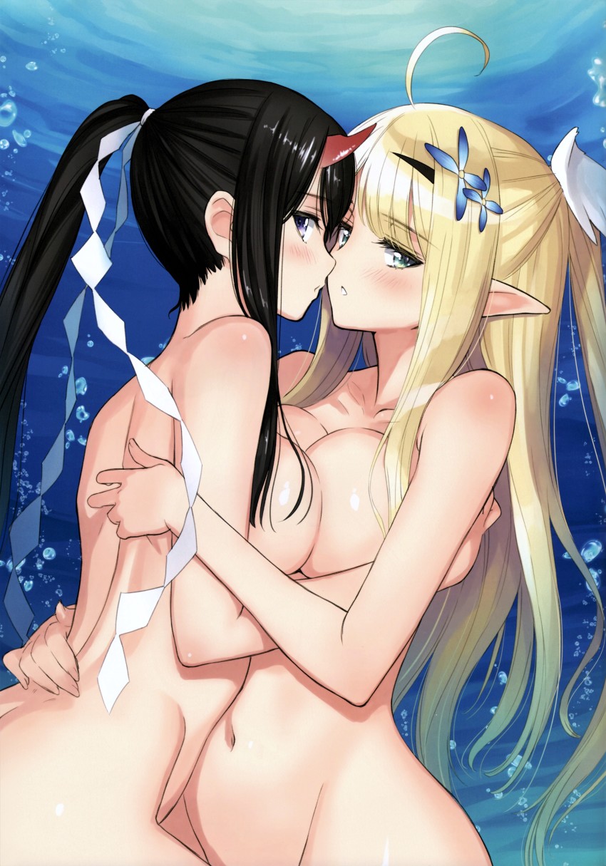2girls absurdres ahoge azur_lane bare_arms bare_shoulders black_hair blonde_hair blue_eyes blush breast_press breasts centaur_(azur_lane) collarbone completely_nude green_eyes hair_ornament highres horns hug imminent_kiss long_hair looking_at_viewer multiple_girls nude parted_lips pointy_ears ponytail ryuuhou_(azur_lane) scan shiny_skin simple_background stomach symmetrical_docking tony_taka topless_female yuri