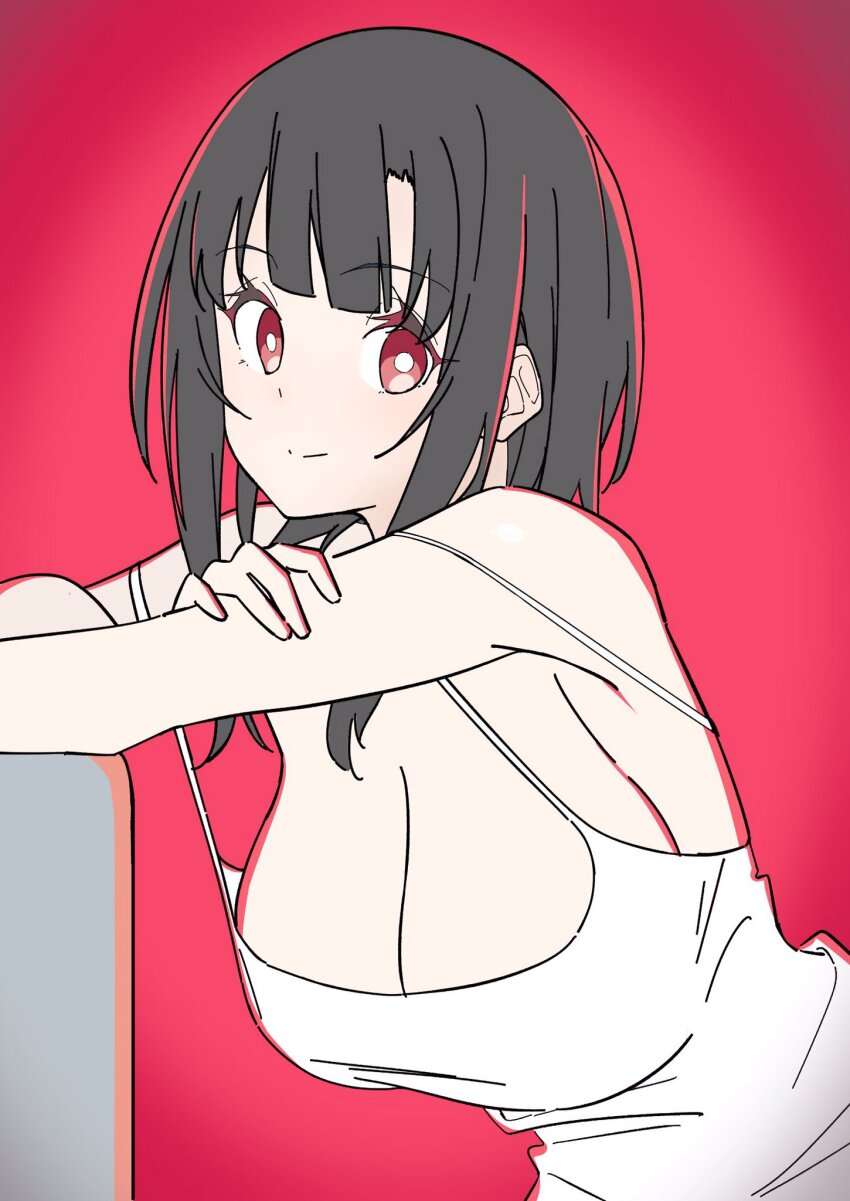 1girl alternate_costume black_hair breasts camisole cleavage closed_mouth commentary_request eyelashes hand_on_own_arm highres kamotsu kantai_collection large_breasts looking_at_viewer red_background red_eyes short_hair simple_background solo takao_(kancolle) upper_body white_camisole