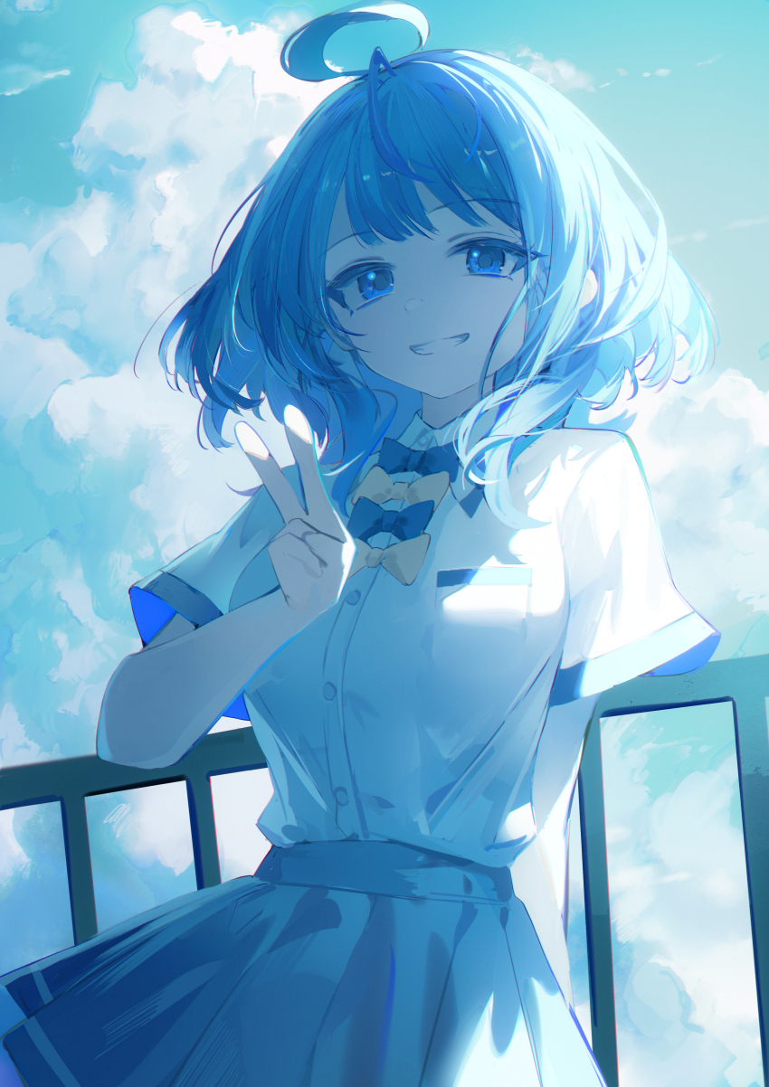 1girl absurdres ahoge arm_behind_back blue_bow blue_bowtie blue_eyes blue_hair bow bowtie clenched_teeth cloud cloudy_sky collared_shirt cowboy_shot day highres looking_at_viewer luozhou_pile make_heroine_ga_oo_sugiru! medium_hair outdoors pleated_skirt railing school_uniform shirt short_sleeves skirt sky solo summer_uniform teeth tsuwabuki_high_school_uniform v white_shirt yanami_anna yellow_bow yellow_bowtie