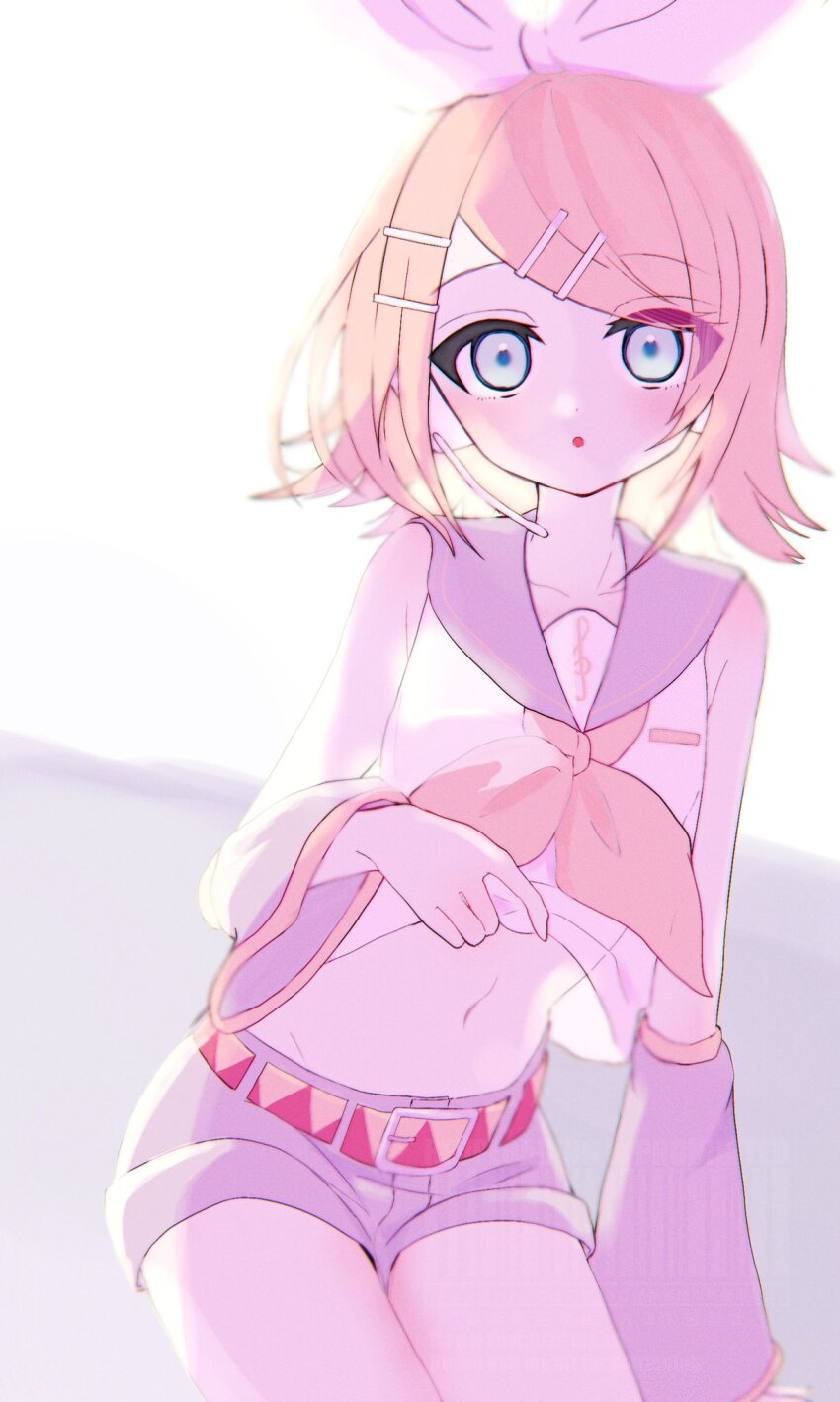 1girl backlighting bare_shoulders belt belt_buckle blonde_hair blue_eyes bow buckle clothes_lift collarbone crop_top detached_sleeves flat_chest grey_sailor_collar grey_shorts grey_sleeves hair_bow hair_ornament hairclip headphones headset highres kagamine_rin lifting_own_clothes looking_at_viewer medium_hair midriff narrow_waist navel neckerchief nnc225 open_mouth orange_belt pink_theme sailor_collar see-through_clothes see-through_silhouette shirt shirt_lift short_hair short_shorts shorts sitting sleeveless sleeveless_shirt solo treble_clef two-tone_belt vocaloid white_bow yellow_belt yellow_neckerchief