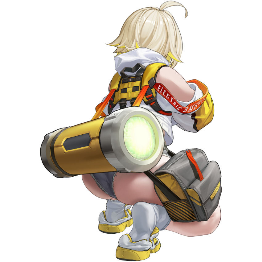 1girl :3 absurdres ahoge animal_print ass back black_gloves black_sports_bra blonde_hair blush breasts closed_mouth crop_top crop_top_overhang cropped_sweater cutoffs elegg_(nikke) fang full_body gloves gluteal_fold goddess_of_victory:_nikke grey_shorts grid_background hair_intakes hair_over_eyes highres holding holding_weapon huge_ass jacket jam_(nandade) large_breasts long_sleeves medium_hair micro_shorts multicolored_gloves multicolored_hair navel official_art open_mouth plump puffy_sleeves rabbit_print shoes short_hair short_shorts shorts skindentation sneakers solo sports_bra squatting suspenders sweater thick_thighs thigh_strap thighs transparent_background two-tone_hair weapon white_jacket white_shoes wide_hips
