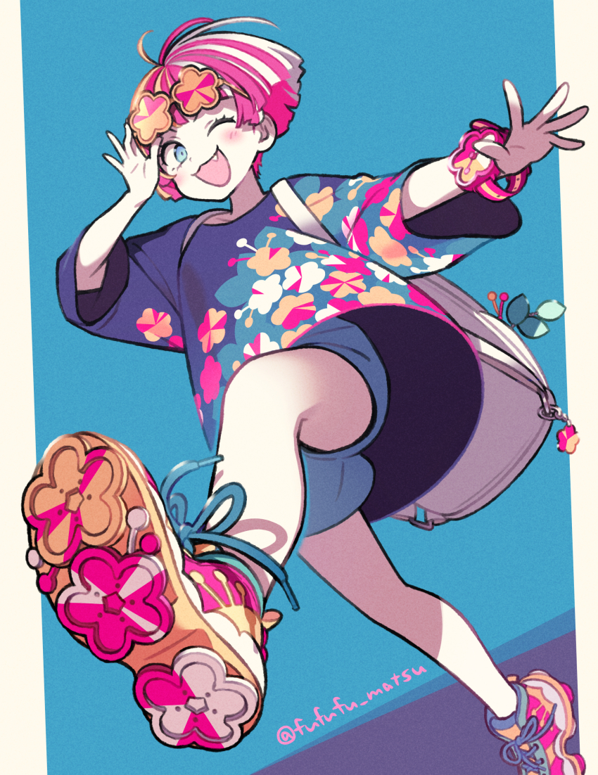 1girl :3 absurdres adjusting_eyewear backpack bag blue_background blue_eyes blue_shirt blue_shorts blush bracelet commentary_request eyelashes eyewear_on_head fang floral_print floral_print_shirt funuyu hand_on_eyewear highres jewelry multicolored_hair one_eye_closed open_mouth original outstretched_arm red_hair shirt shoes short_hair shorts smile solo sunglasses two-tone_hair very_short_hair white_bag white_hair yellow-framed_eyewear