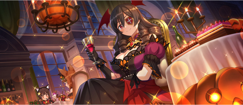 +_+ 3girls ahoge alcohol animal_ear_hairband animal_ears arue_(konosuba) black_dress black_gloves breasts brown_hair candelabra candle candlestand cat_ear_hairband cat_ears chair chandelier child cleavage closed_eyes closed_mouth cross-laced_clothes cross-laced_gloves cup dessert detached_sleeves dress drill_hair drill_sidelocks drinking_glass eating eyepatch fake_animal_ears fake_wings food from_below game_cg gloves hair_between_eyes hair_ornament hairband hairpin halloween halloween_costume head_wings highres holding holding_cup indoors jack-o&#039;-lantern komekko kono_subarashii_sekai_ni_shukufuku_wo! konosuba!_fantastic_days large_breasts long_dress long_hair looking_at_viewer looking_down miia_(konosuba) multiple_girls night official_alternate_costume official_art on_chair puffy_detached_sleeves puffy_short_sleeves puffy_sleeves purple_dress red_eyes red_wings shade short_hair short_sleeves sidelocks sitting sleeveless sleeveless_dress smile solo_focus star_(symbol) star_hair_ornament two-tone_dress window wine wine_glass wings