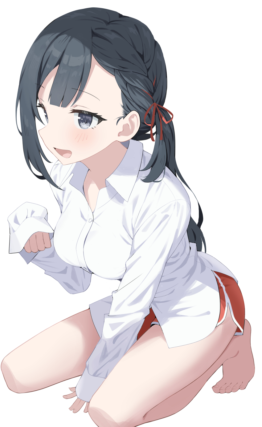 1girl absurdres asymmetrical_hair barefoot between_legs black_eyes black_hair blush braid breasts commentary_request dolphin_shorts hair_ribbon hand_between_legs hand_up highres long_hair long_sleeves love_live! love_live!_nijigasaki_high_school_idol_club medium_breasts open_mouth red_ribbon red_shorts ribbon seiza shirt shorts simple_background single_braid sitting sleeves_past_wrists smile solo thighs toes white_background white_shirt yuki_setsuna yuu_(shampoohatslime)