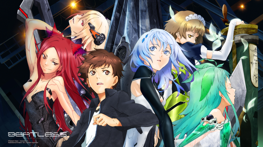 1boy 5girls arm_behind_head beatless black_jacket blue_eyes blue_hair blunt_bangs brown_eyes brown_hair closed_mouth collared_jacket copyright_name elbow_gloves endou_arato gloves hair_ornament highres jacket kadowaki_satoshi kouka_(beatless) leicia long_hair long_sleeves looking_at_viewer looking_to_the_side maid_headdress mariage methode multiple_girls official_art open_mouth parted_lips pink_eyes profile red_hair saturnus_(beatless) snowdrop_(beatless) weapon white_gloves wing_collar