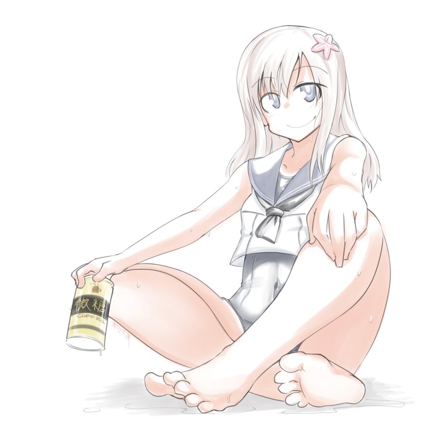 barefoot black_neckerchief black_one-piece_swimsuit blonde_hair blue_eyes blue_sailor_collar can covered_navel crop_top drink_can full_body highres honketsu indian_style kantai_collection long_hair neckerchief one-piece_swimsuit one-piece_tan ro-500_(kancolle) sailor_collar sailor_shirt school_swimsuit shirt sitting sleeveless sleeveless_shirt swimsuit swimsuit_under_clothes tan tanline white_shirt