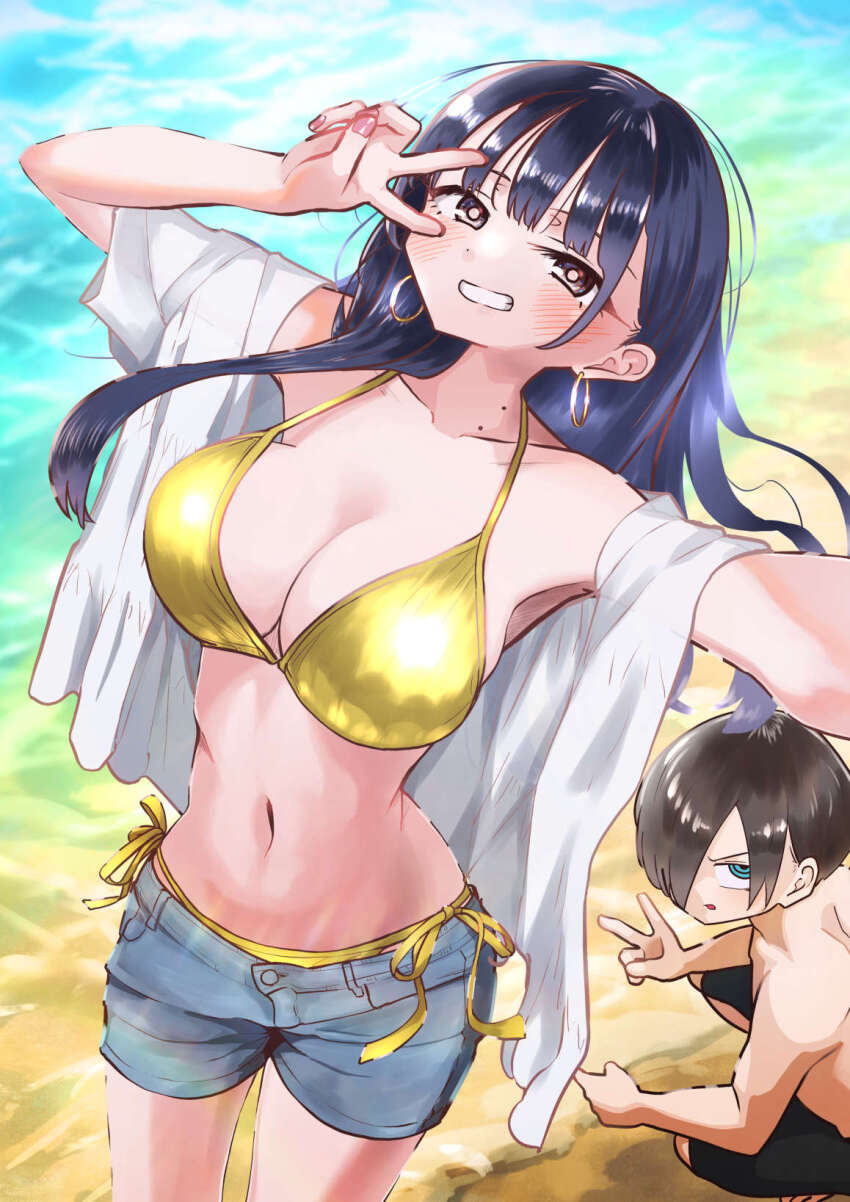 1boy 1girl alternate_costume beach bikini bikini_under_shorts black_hair blue_eyes blush boku_no_kokoro_no_yabai_yatsu breasts brown_eyes cleavage collarbone commentary_request day denim denim_shorts earrings gold_bikini grin hair_over_one_eye hands_up highres hoop_earrings ichikawa_kyoutarou jewelry large_breasts long_hair m2bou male_swimwear mole mole_on_neck multiple_moles navel open_clothes open_shirt outdoors paid_reward_available ringed_eyes sand selfie shirt shore short_hair short_shorts shorts side-tie_bikini_bottom smile squatting standing string_bikini swimsuit v v_over_eye water white_shirt yamada_anna