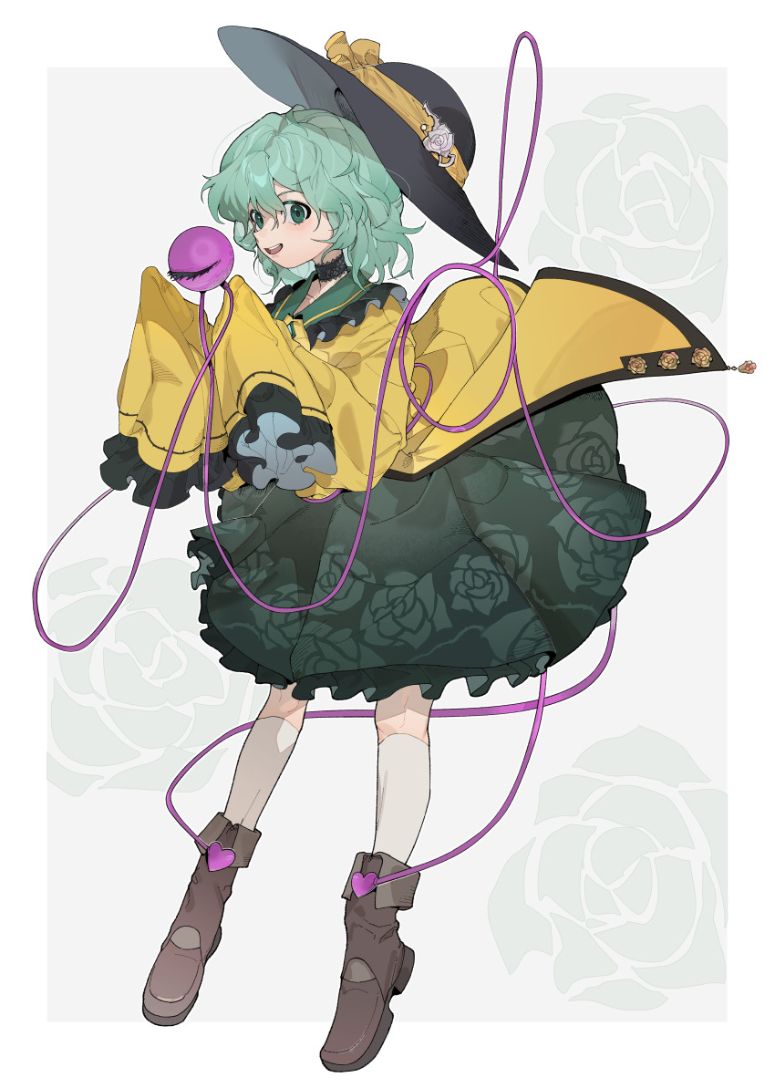1girl absurdres black_choker black_hat blouse boots border bow brown_boots buttons choker collared_shirt commentary floral_background floral_print floral_print_skirt flower frilled_shirt_collar frilled_skirt frilled_sleeves frills full_body green_eyes green_hair green_skirt hands_up hat hat_bow highres kneehighs komeiji_koishi lace lace_choker looking_at_viewer medium_hair open_mouth outside_border rose rose_print shimiya_jin shirt skirt sleeves_past_fingers sleeves_past_wrists smile socks solo teeth third_eye touhou upper_teeth_only very_long_sleeves white_border white_socks yellow_bow yellow_shirt