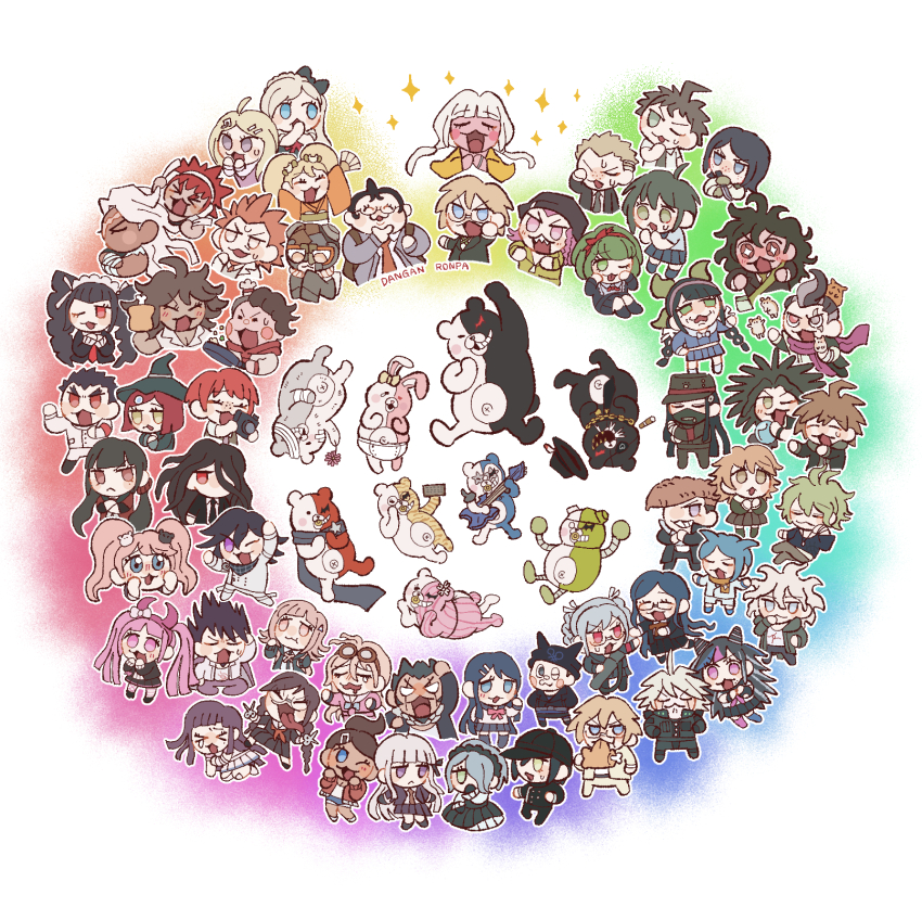 30en_(esx5g) 6+boys 6+girls :d :o ;d ;o ahoge akamatsu_kaede amami_rantaro antenna_hair asahina_aoi black_hair black_hat black_ribbon blonde_hair blue_eyes blush bow braid breasts brown_hair celestia_ludenberg chabashira_tenko character_request checkered_clothes chibi collared_shirt cosplay daimon_masaru_(danganronpa) danganronpa:_trigger_happy_havoc danganronpa_(series) danganronpa_2:_goodbye_despair danganronpa_another_episode:_ultra_despair_girls danganronpa_v3:_killing_harmony dark-skinned_female dark-skinned_male dark_skin enoshima_junko everyone freckles fujisaki_chihiro fukawa_toko genocider_shou glasses goggles goggles_on_head gokuhara_gonta grey_hair hagakure_yasuhiro hair_between_eyes hair_bow hair_ornament hair_ribbon hairclip hanamura_teruteru harukawa_maki hat headdress highres hinata_hajime holding hood hoshi_ryoma ikusaba_mukuro iruma_miu ishimaru_kiyotaka jacket k1-b0 kirigiri_kyoko koizumi_mahiru komaeda_nagito kurokuma_(danganronpa) kuwata_leon kuzuryu_fuyuhiko long_hair long_sleeves looking_at_viewer maizono_sayaka medium_hair messy_hair mioda_ibuki momota_kaito monodam monokid monophanie monosuke monotaro_(danganronpa) multicolored_hair multiple_boys multiple_girls naegi_komaru naegi_makoto nanami_chiaki necktie nidai_nekomaru ogami_sakura oma_kokichi one_eye_closed open_clothes open_mouth owada_mondo owari_akane pants pekoyama_peko pink_eyes pink_hair rabbit_hair_ornament red_hair red_scrunchie ribbon saihara_shuichi saionji_hiyoko school_uniform scrunchie shingetsu_nagisa shinguji_korekiyo shirogane_tsumugi shirt short_hair simple_background skirt smile soda_kazuichi sonia_nevermind sparkle striped_clothes striped_jacket tanaka_gundham teeth togami_byakuya togami_byakuya_(danganronpa_2) tojo_kirumi towa_monaca tsumiki_mikan twintails two-tone_hair upper_body utsugi_kotoko white_shirt witch_hat yamada_hifumi yonaga_angie yumeno_himiko